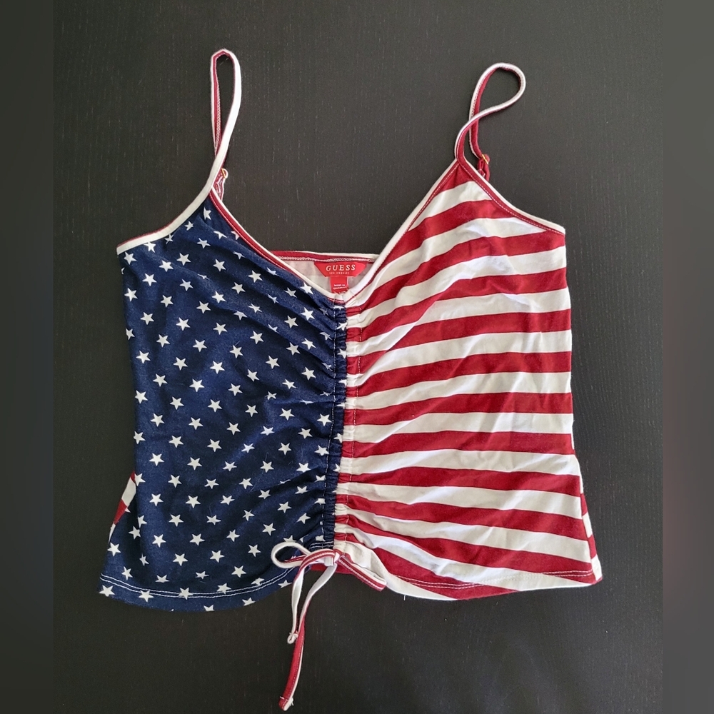 U.S. Red, White And Blue Ruched Spaghetti Strap Tank Top By Guess Jeans